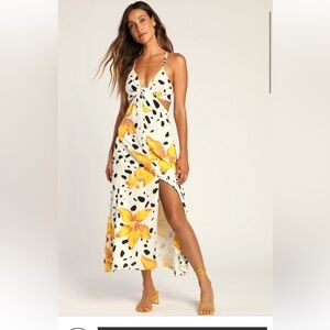 Lulus Tropical Treasure Ivory Floral Dot Print Twist-Front Midi Dress
